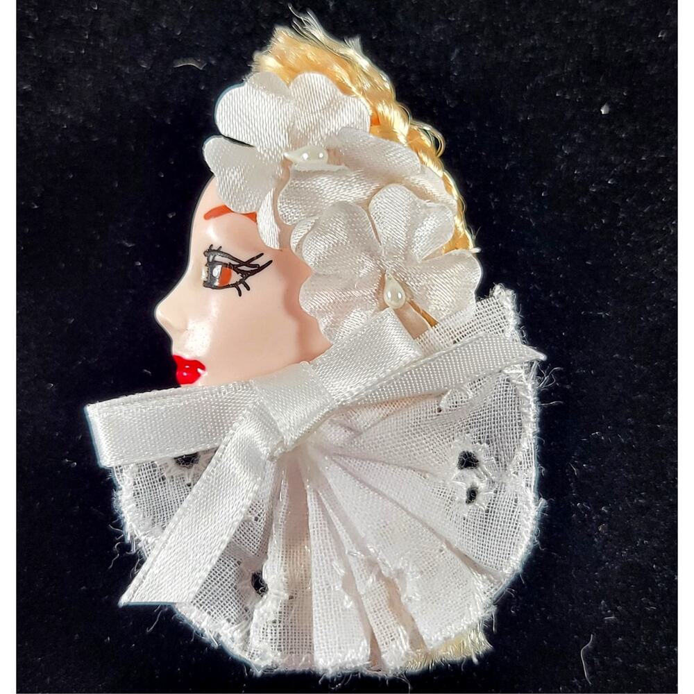 Glamour Lady Head Brooch Face With Lace and White Ribbon 1980's With Gift Box